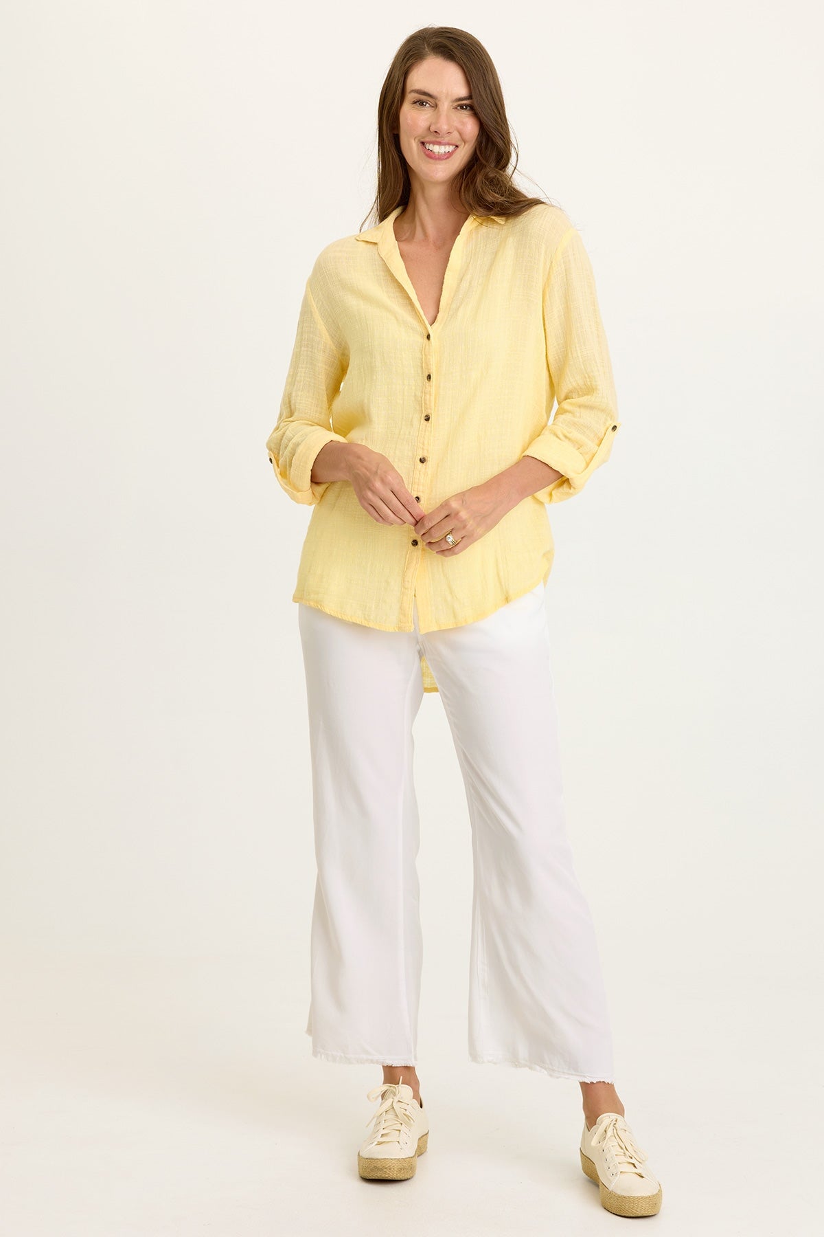 Porter Gauze Curved Hem Button-Up Top