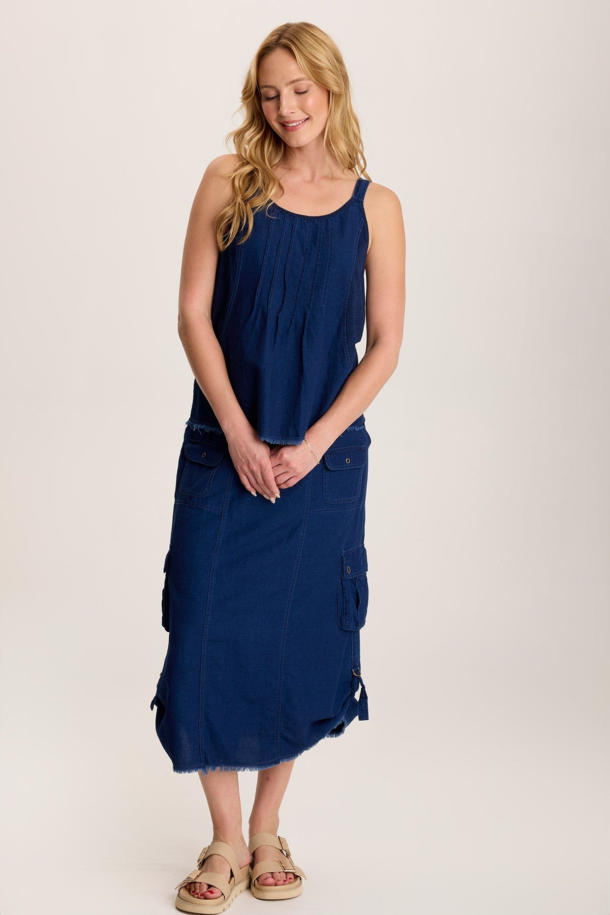 Norelle Flowy Pintuck Mock-Denim Twill Tank