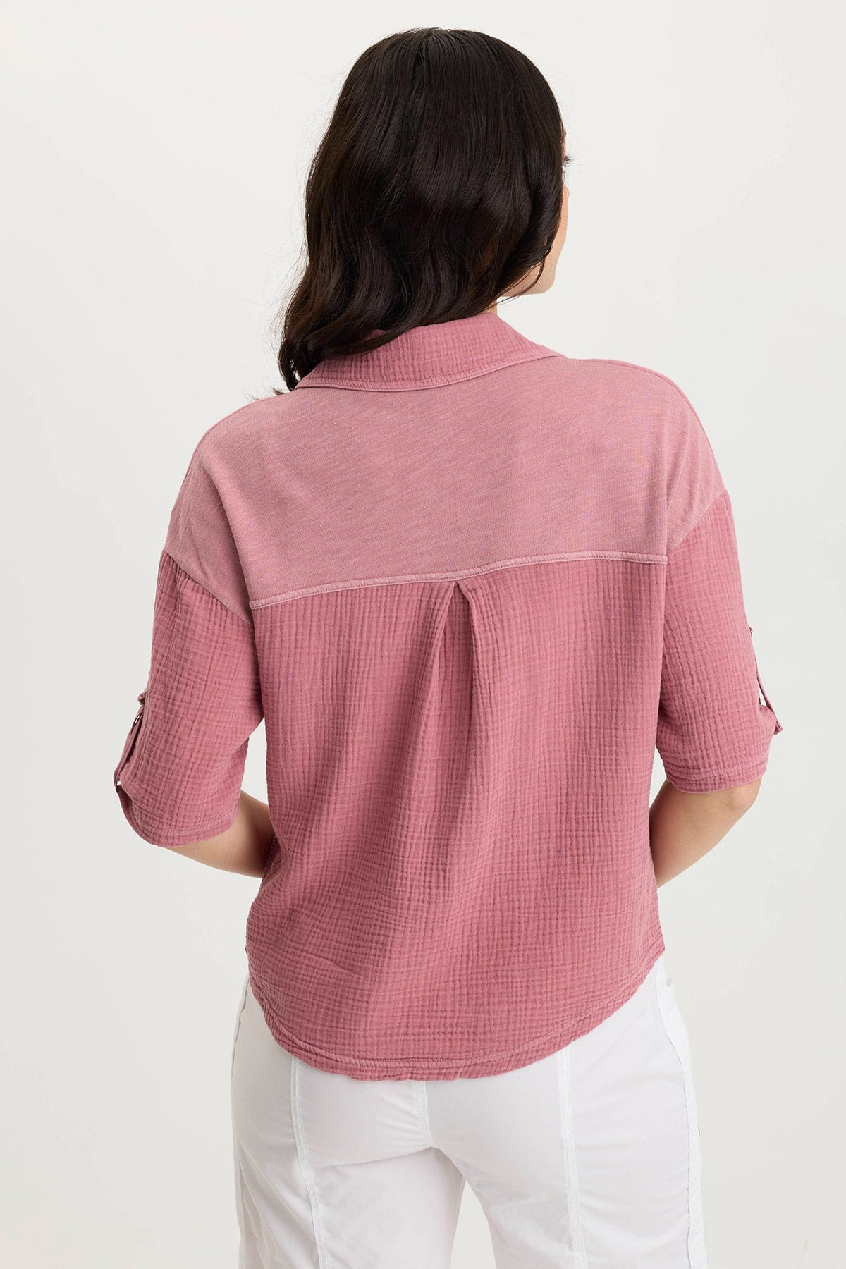 Maurise Gauze/Jersey Tabbed-Sleeve Snap-Up Top