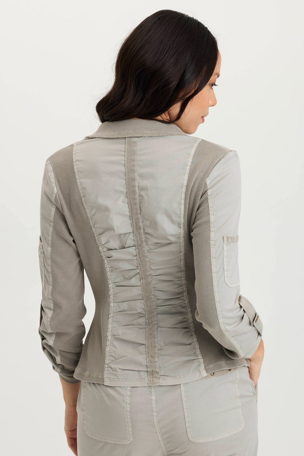Darwin Poplin/Ribbed Tabbed 3/4-Sleeve Jacket