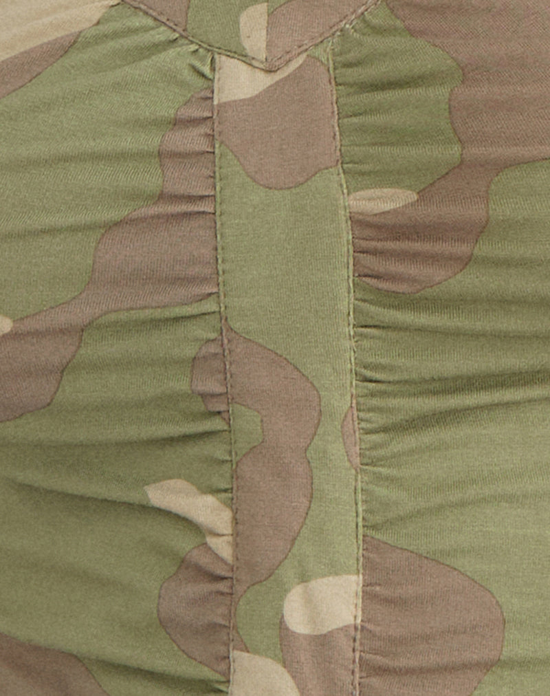 Atheia Gathered V-Neck Top in Blurry Camo Khaki
