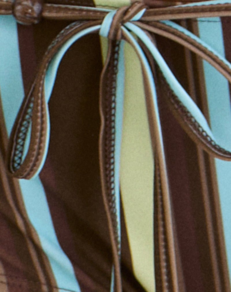 Avi Swim Short in Brown and Blue Linear Stripe with Tie Waist