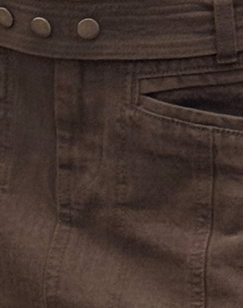 Belted Denim Mini Skirt in Chocolate Brown