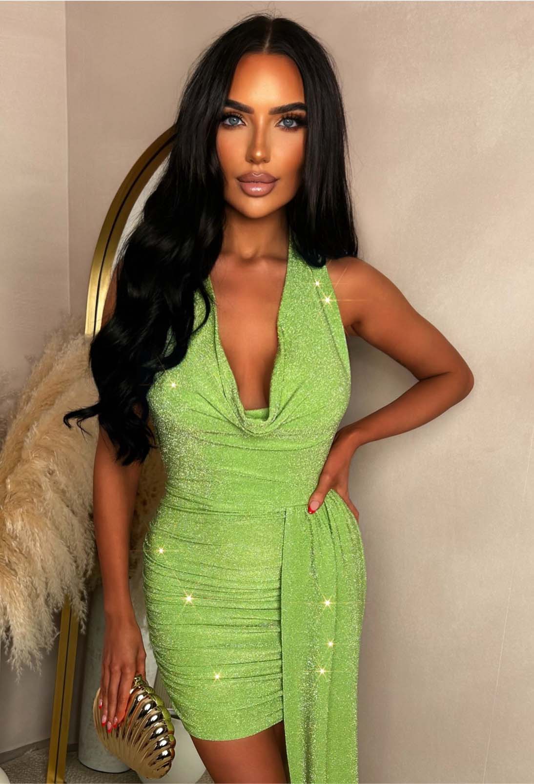 Genesis Lime Lurex Drape Mini Dress