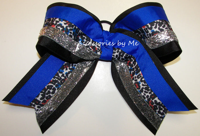 Leopard Cheetah Blue Black Big Cheer Bow