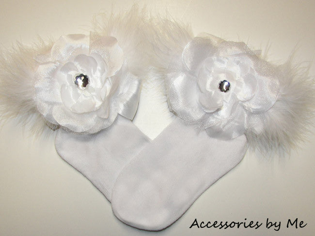 Glitzy White Peony Flower Marabou Socks