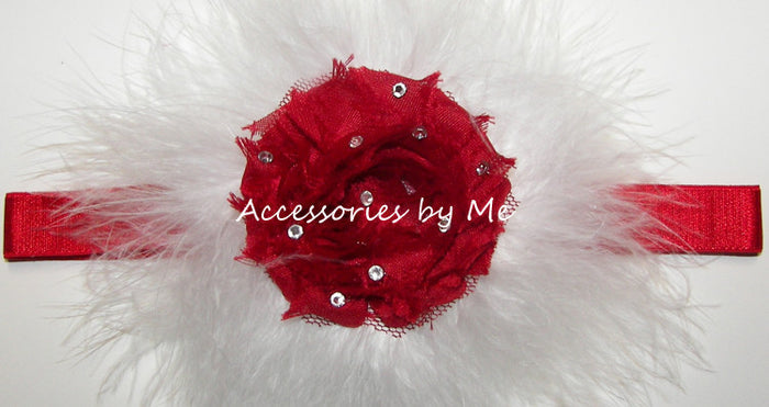 Glitzy Red White Rose Marabou Bow Headband - Accessories by Me