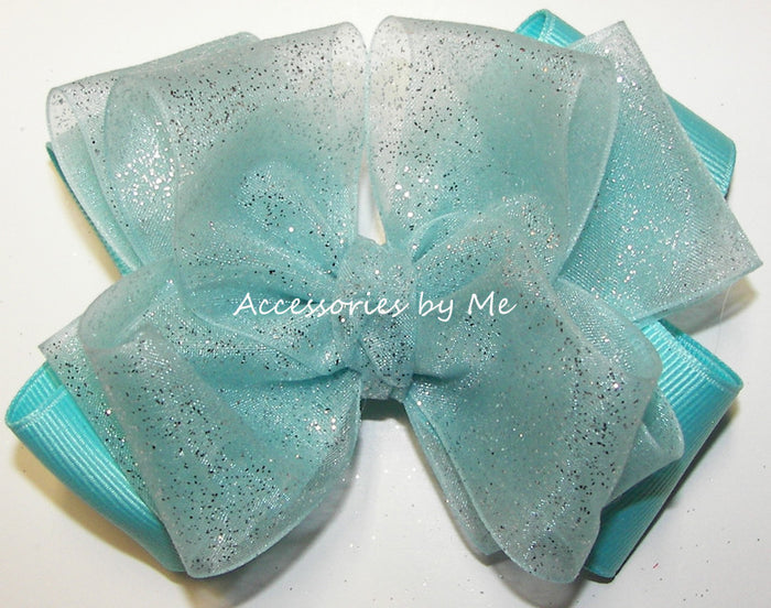 Glitzy Turquoise Organza Grosgrain Hair Bow - Accessories by Me
