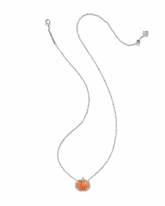 Kendra Scott Pumpkin Silver Short Pendant Necklace in Orange Banded Agate Pumpkin Necklace | Silver Fall & Halloween Pendant Necklaces