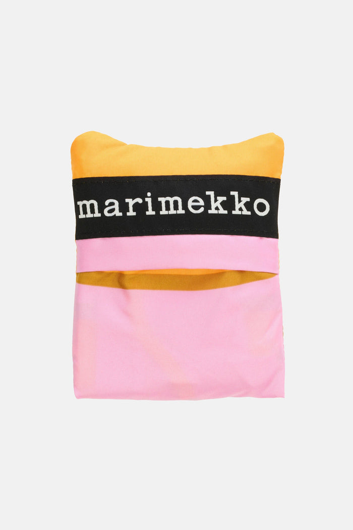 Marimekko pouch with pink gradient and yellow accents on a white background