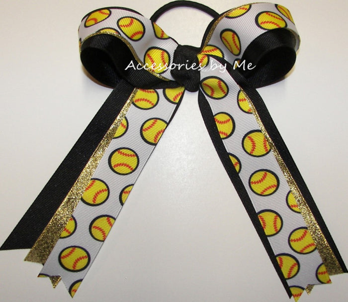 Softball Gold Metallic Black Ponytail Hair Bow