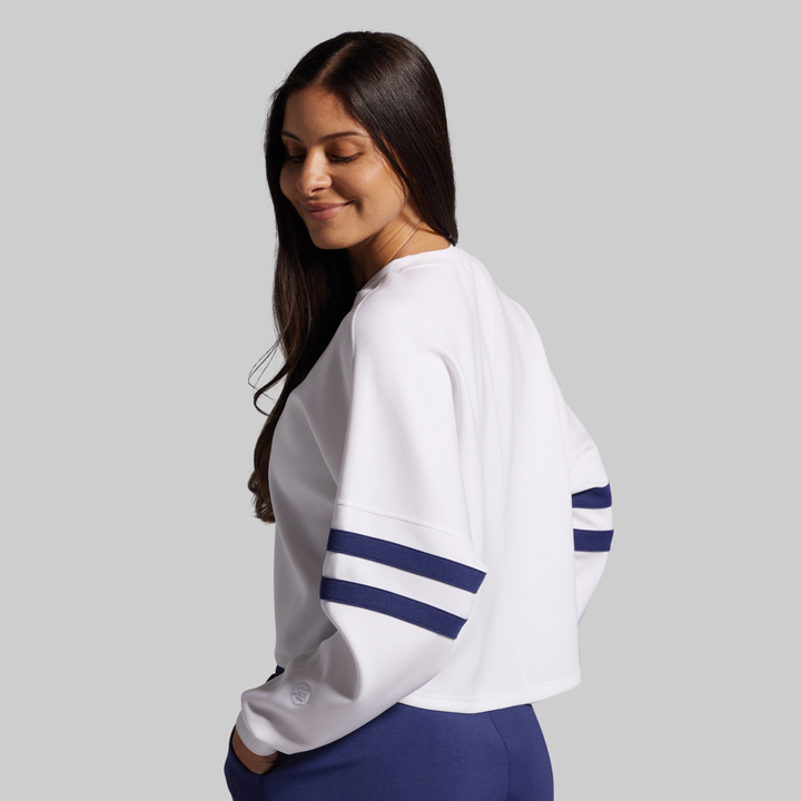 Lounge Lux Varsity Cropped Pullover (White)