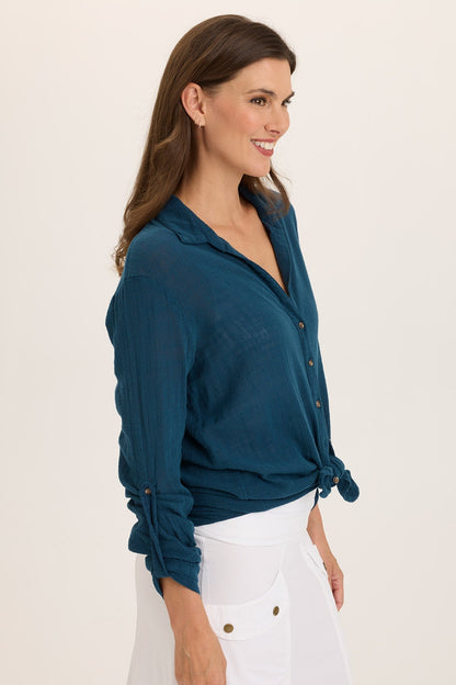 Porter Gauze Curved Hem Button-Up Top