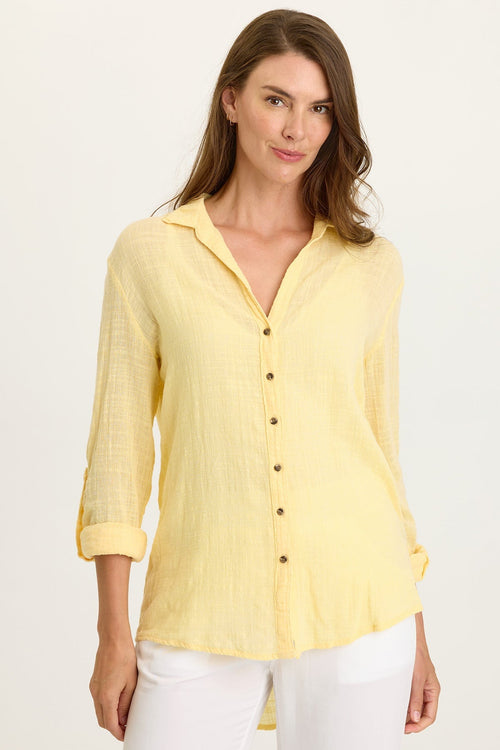 Porter Gauze Curved Hem Button-Up Top