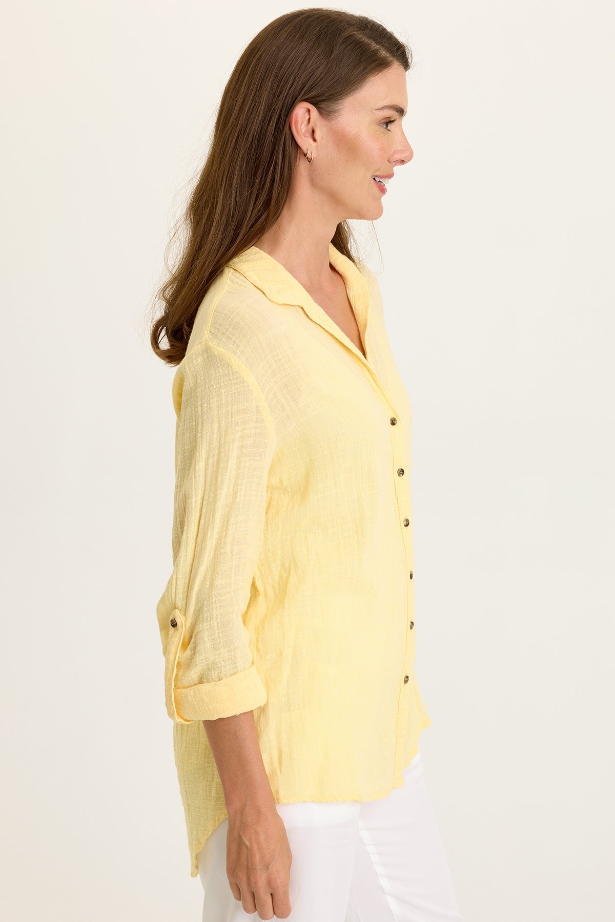 Porter Gauze Curved Hem Button-Up Top