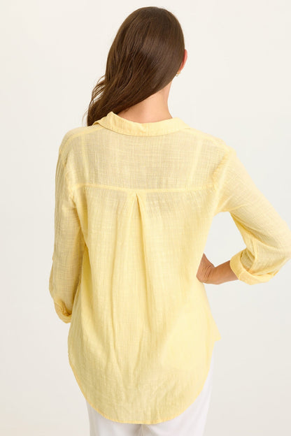 Porter Gauze Curved Hem Button-Up Top
