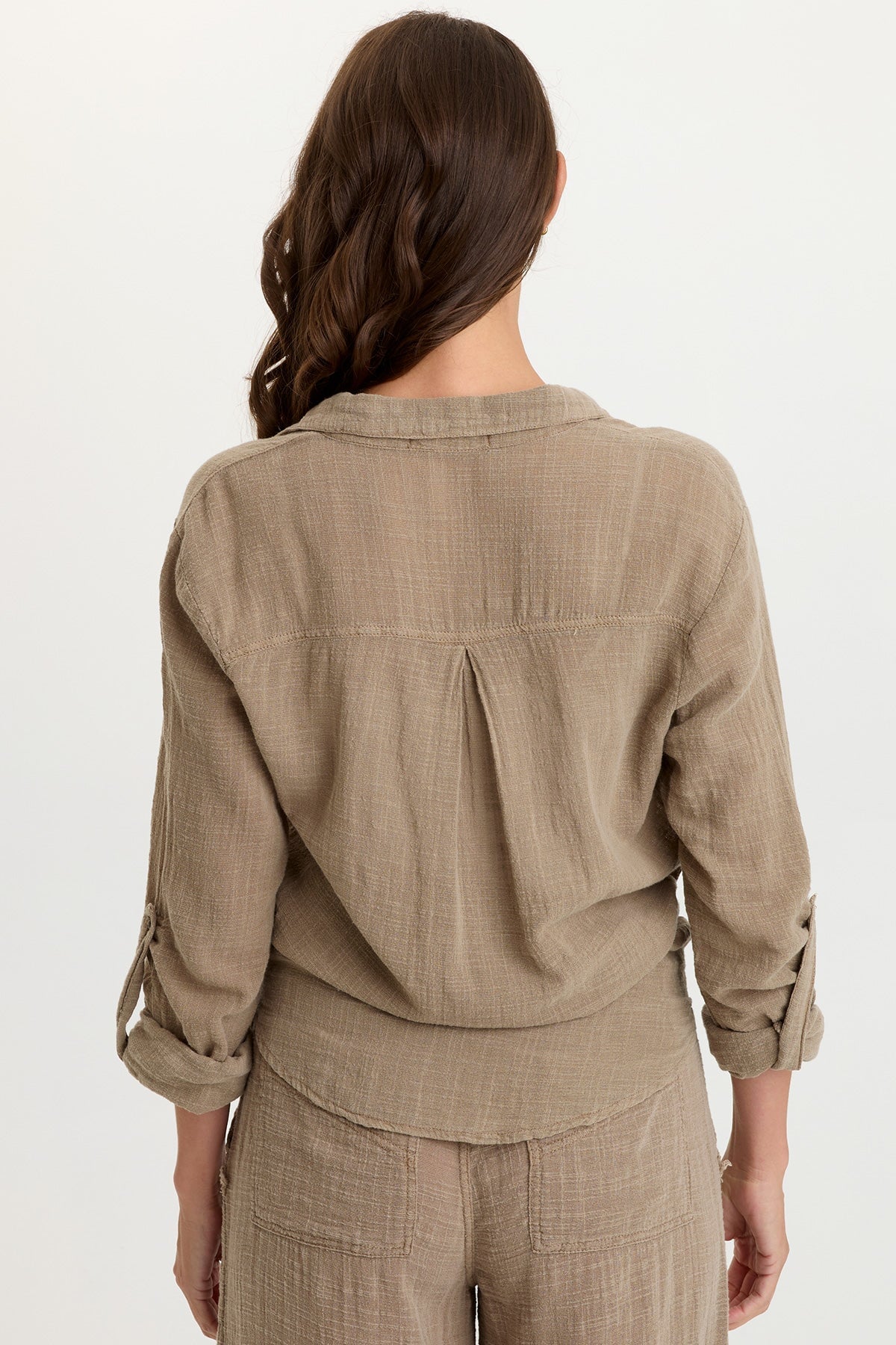 Porter Gauze Curved Hem Button-Up Top