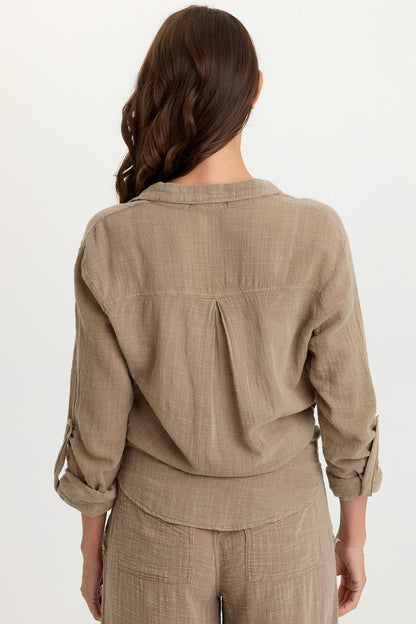Porter Gauze Curved Hem Button-Up Top