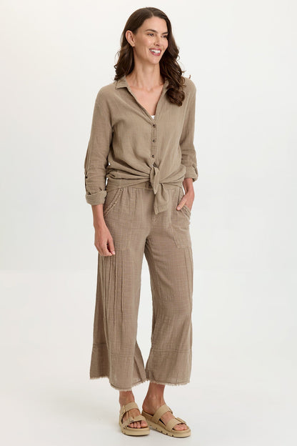Porter Gauze Curved Hem Button-Up Top
