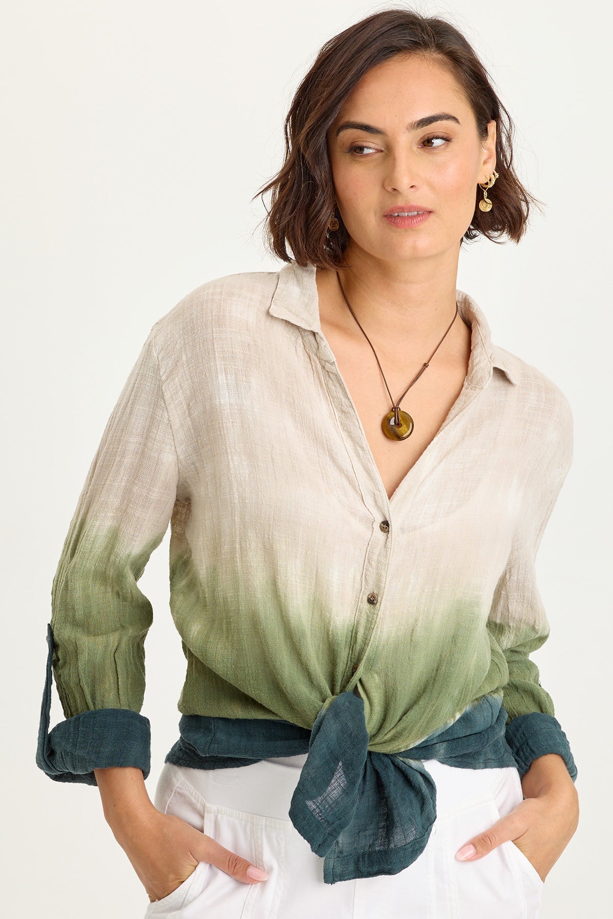 Porter Gauze Curved Hem Button-Up Top