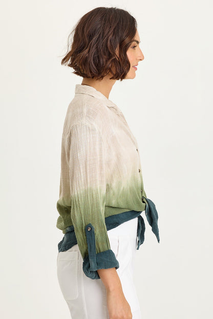 Porter Gauze Curved Hem Button-Up Top