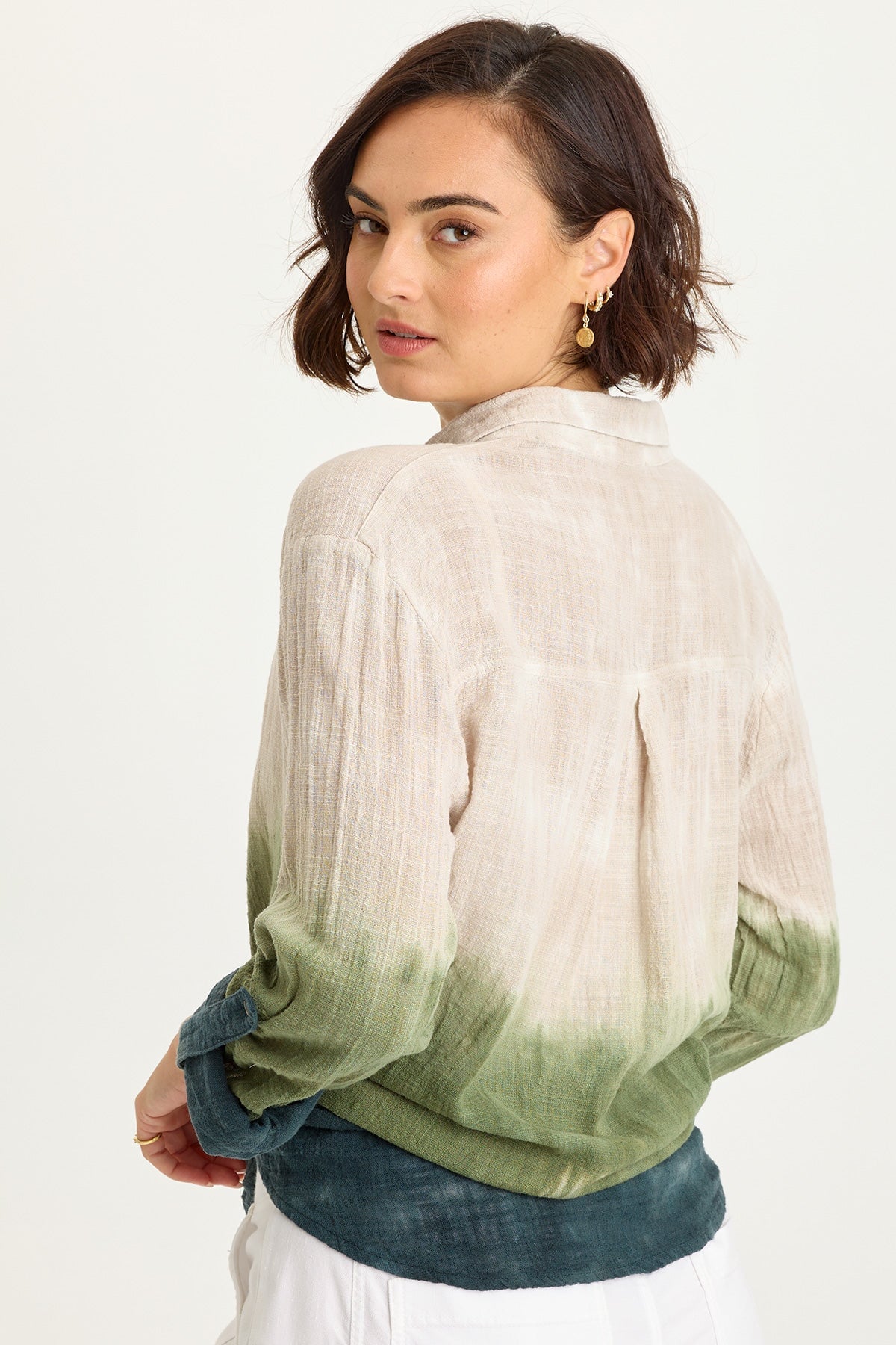 Porter Gauze Curved Hem Button-Up Top