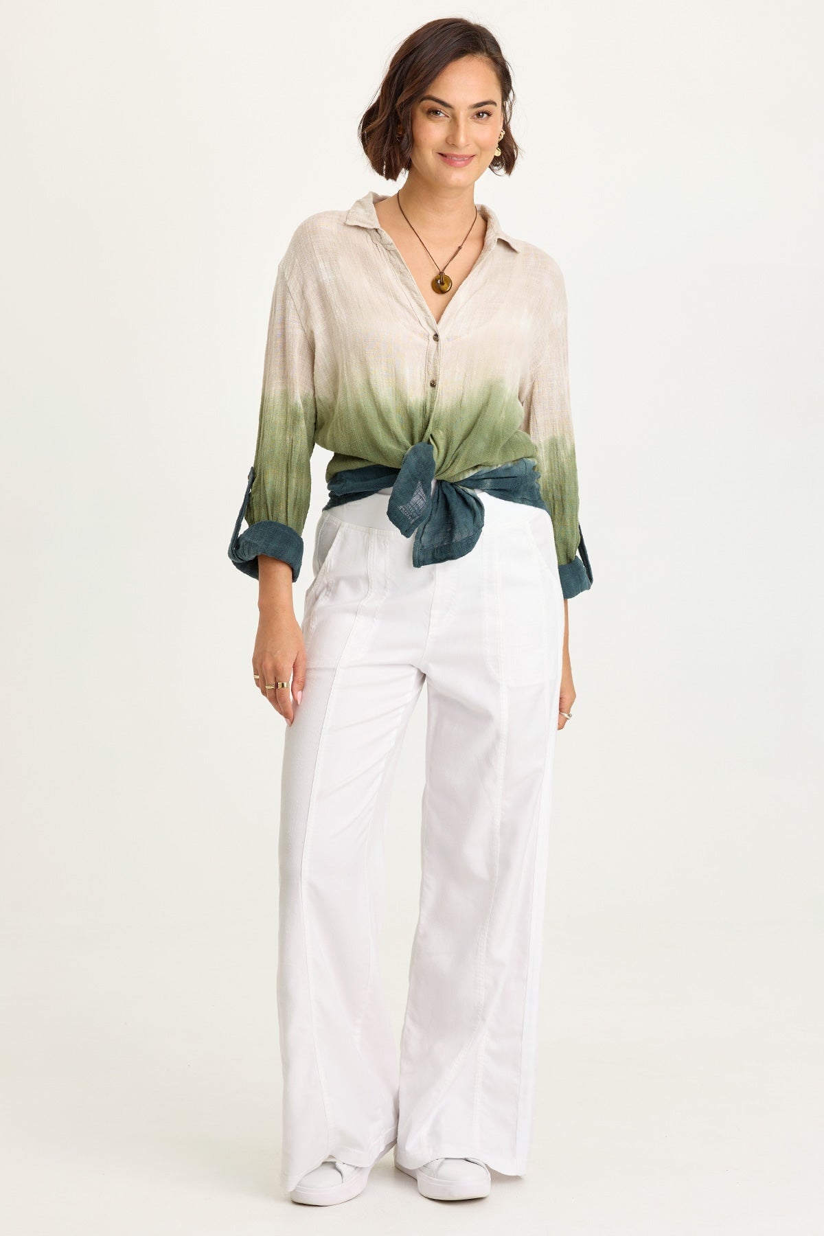 Porter Gauze Curved Hem Button-Up Top