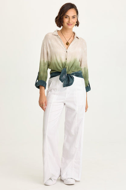 Porter Gauze Curved Hem Button-Up Top
