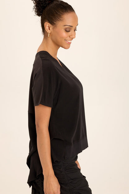 Clara Twill/Jersey Relaxed V-Neck Tee