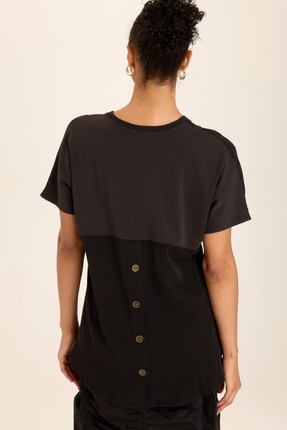 Clara Twill/Jersey Relaxed V-Neck Tee