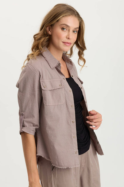 Arvin Perforated Poplin + Jersey Tabbed 3/4-Sleeve Snap-Up Top