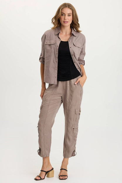 Arvin Perforated Poplin + Jersey Tabbed 3/4-Sleeve Snap-Up Top