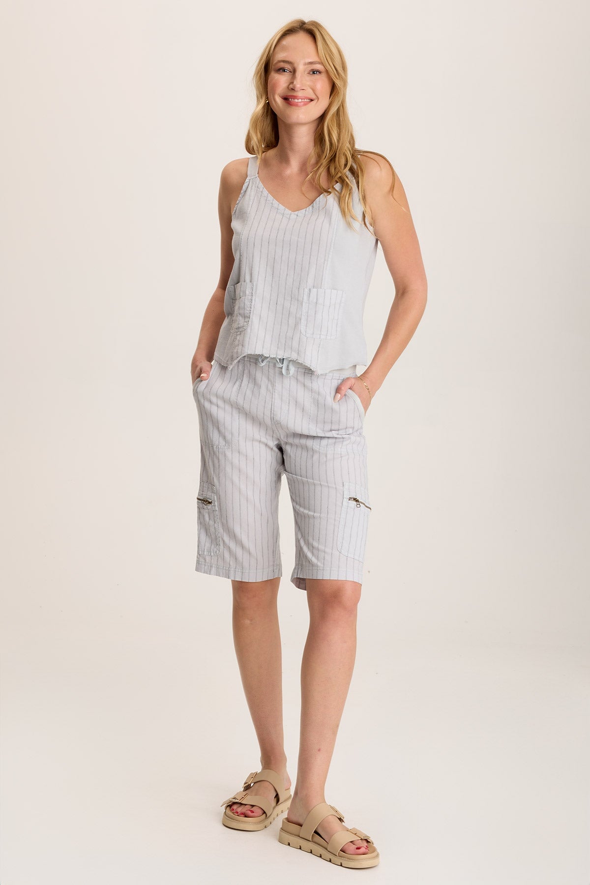 Ludora Linen Stripe Tank with Sharkbite Hem