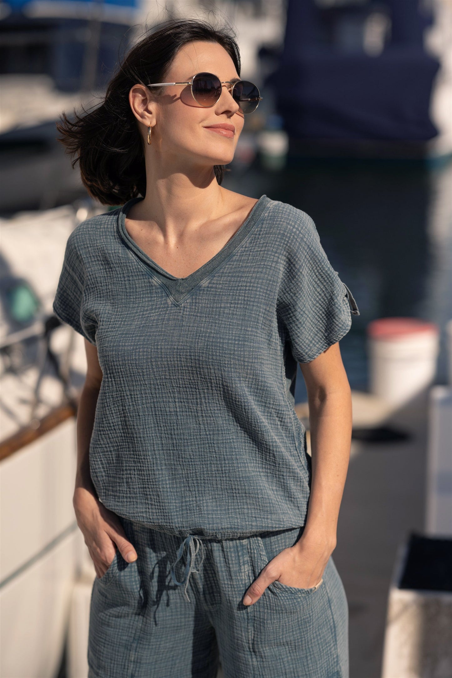 Bower Gauze/Jersey Tabbed-Sleeve Bubble-Hem V-Neck Tee