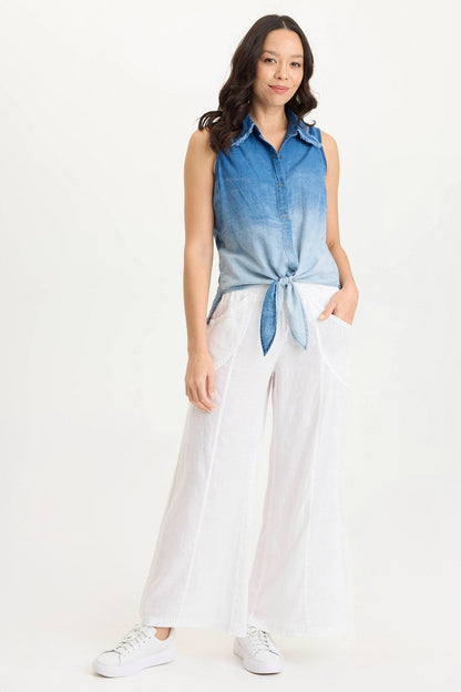 Tague Indigo Twill Knotted High-Low Snap-Up Tank