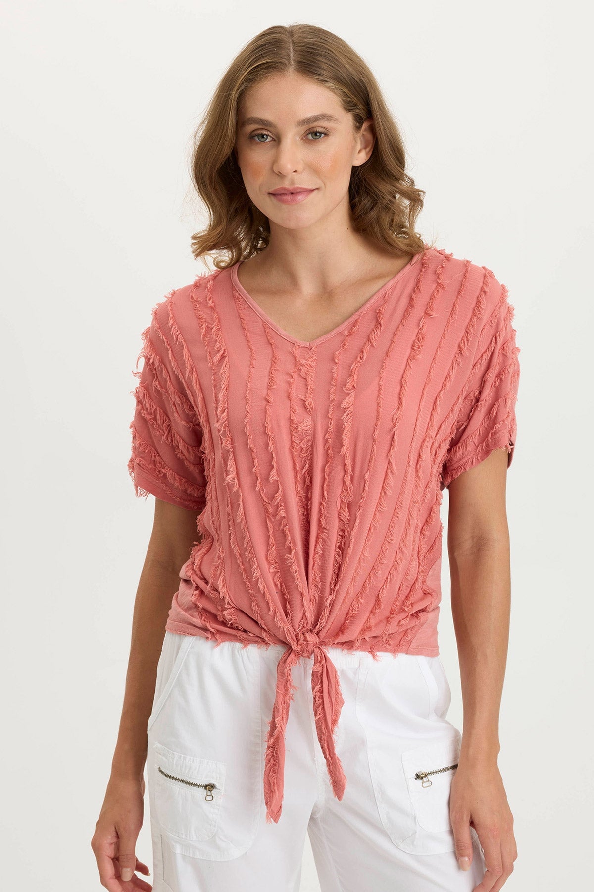 Curine Stripe Voile/Jersey Knotted V-Neck Top