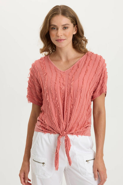 Curine Stripe Voile/Jersey Knotted V-Neck Top