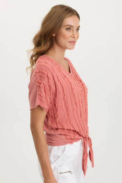 Curine Stripe Voile/Jersey Knotted V-Neck Top