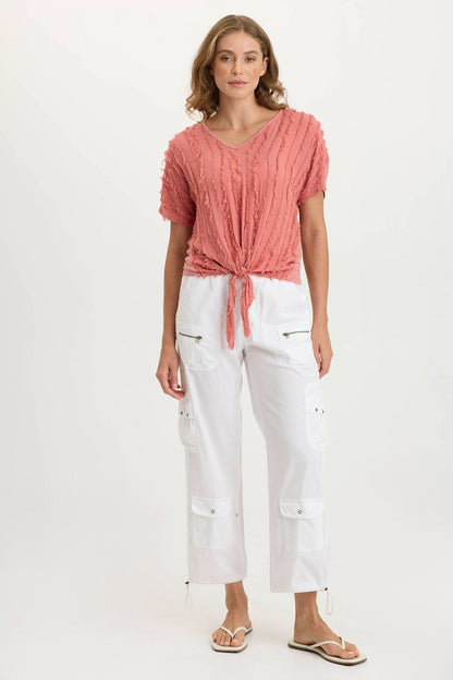 Curine Stripe Voile/Jersey Knotted V-Neck Top