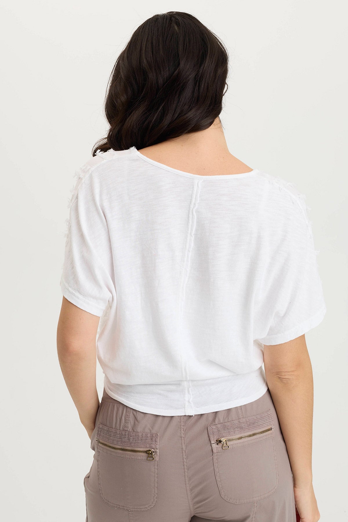 Curine Stripe Voile/Jersey Knotted V-Neck Top