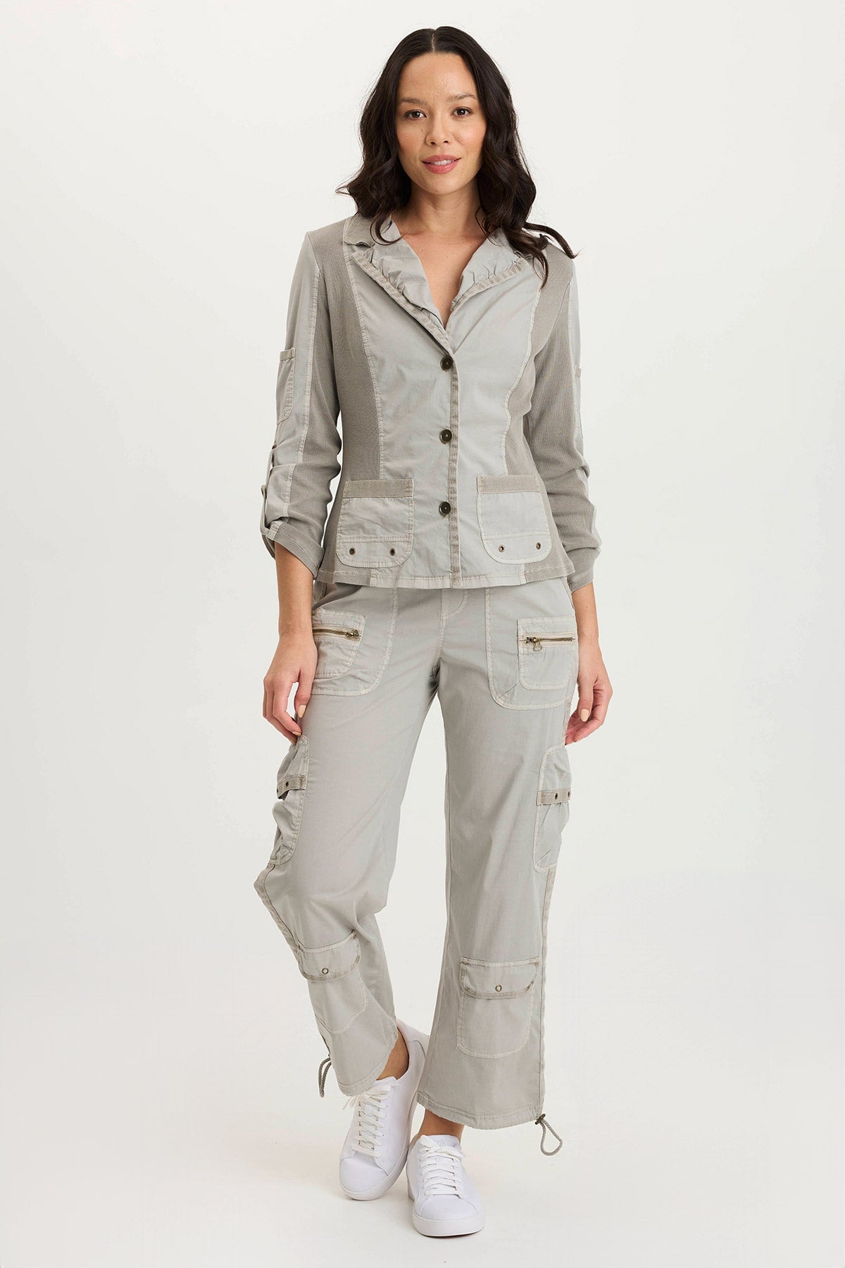 Darwin Poplin/Ribbed Tabbed 3/4-Sleeve Jacket