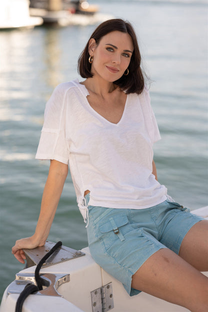 Prosper Poplin Ruched Buckle-Pockets Short