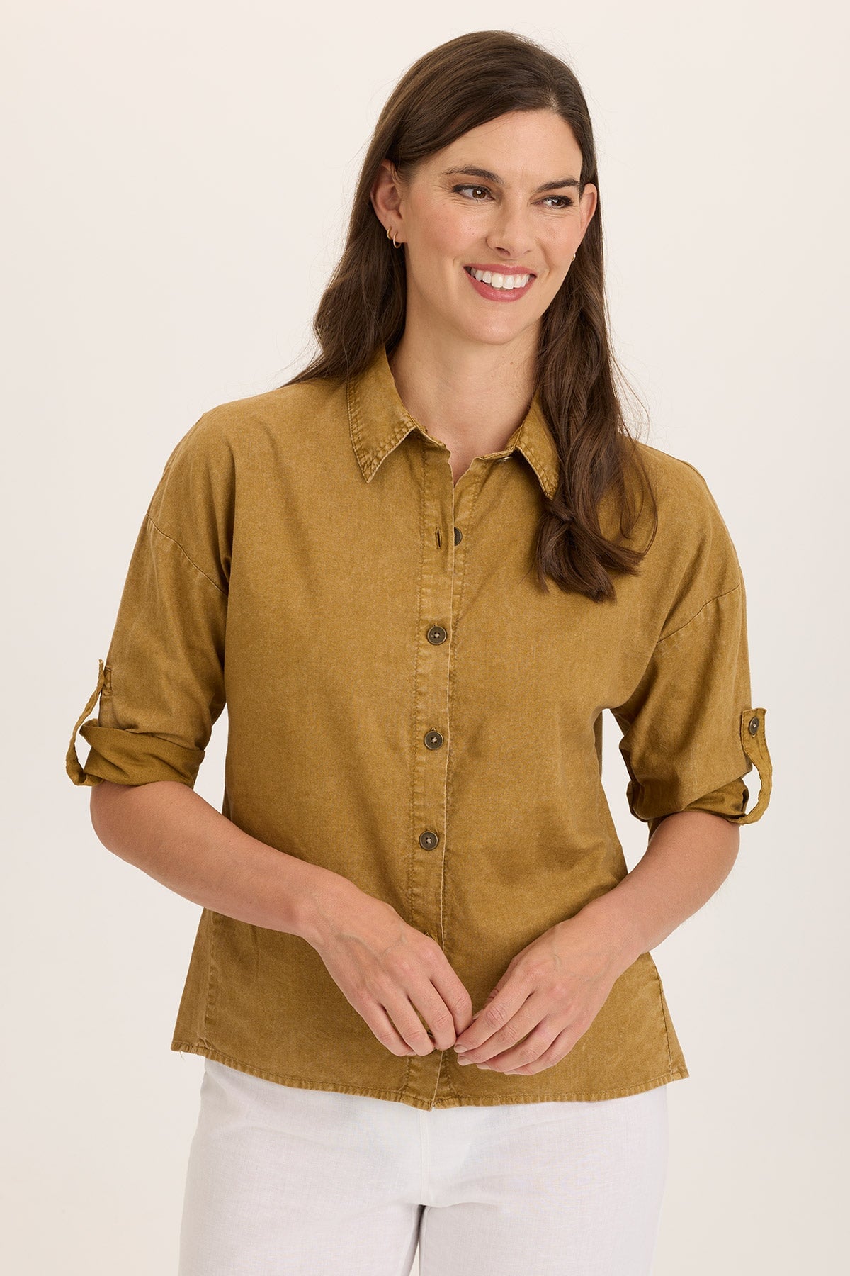 Carrie Linen 3/4-Sleeve Button-Up
