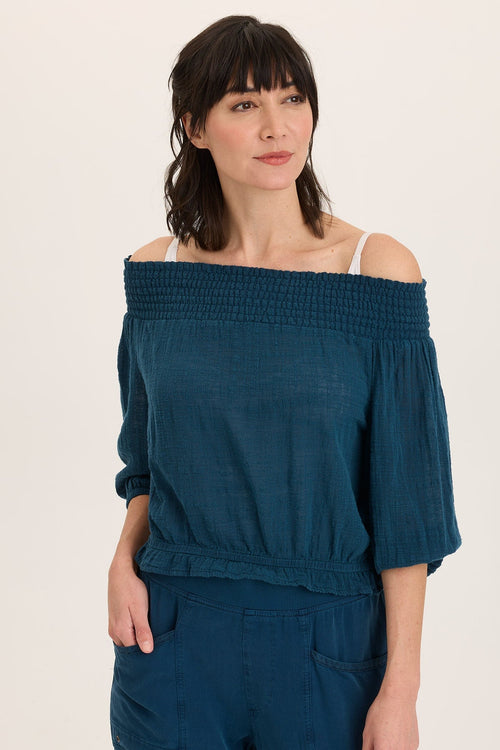 Jolia Gauze Off-Shoulder Billow Sleeve Top