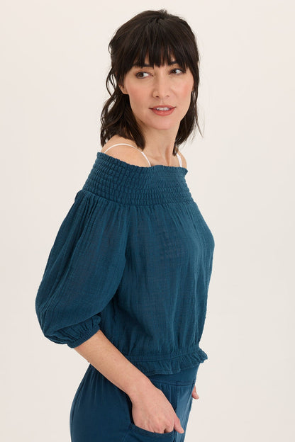 Jolia Gauze Off-Shoulder Billow Sleeve Top