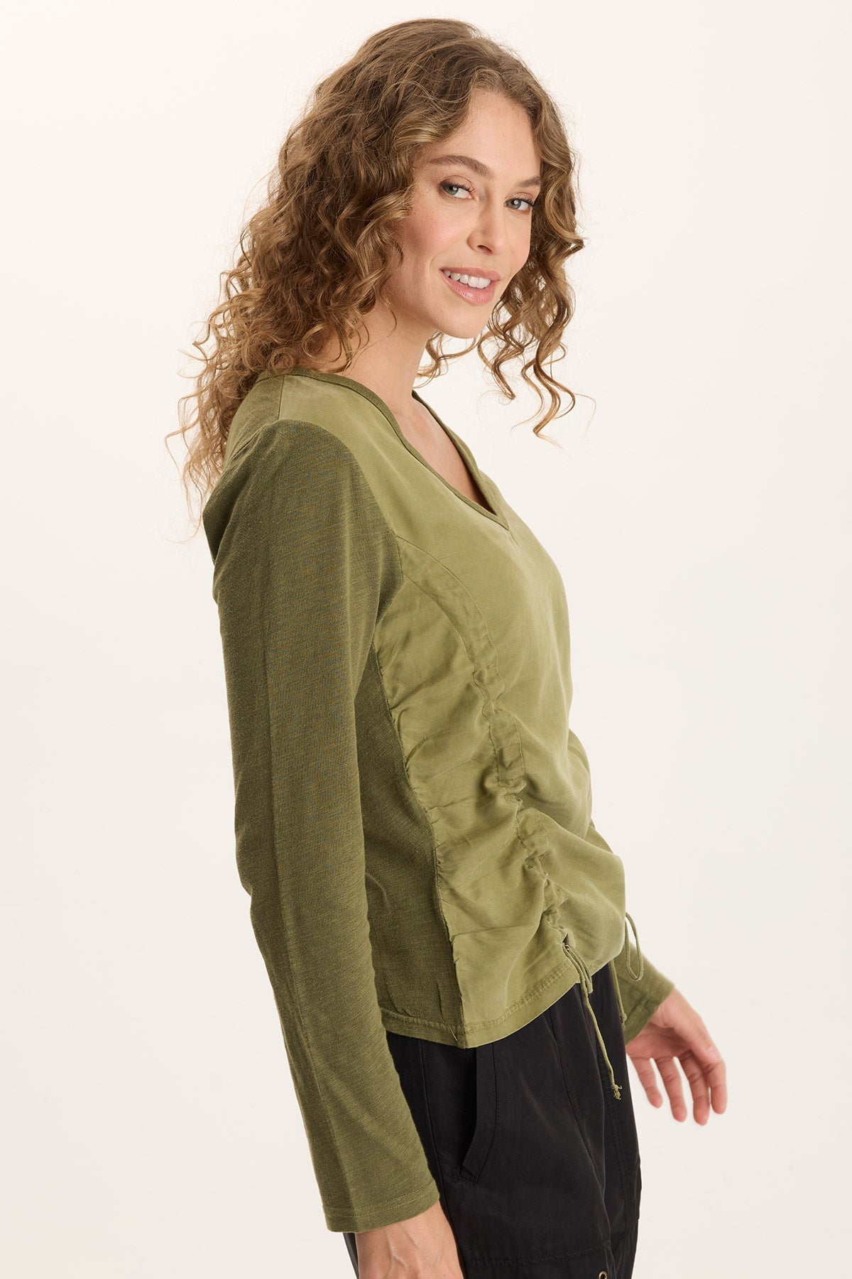 Ketti Long Sleeve Twill/Jersey Ruched V-Neck
