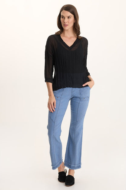 Hoyt Crinkle Pleat 3/4-Sleeve V-Neck