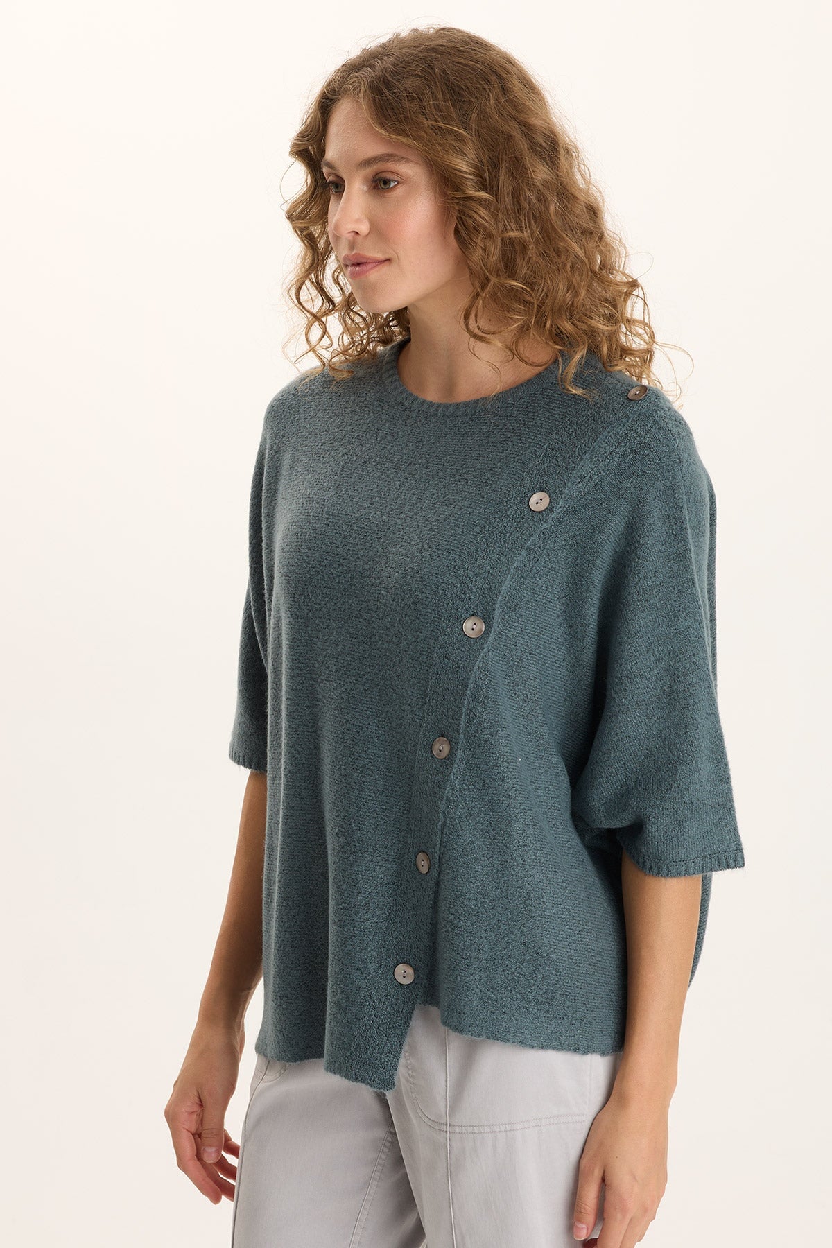 Osiris Asymmetrical Button Detail Knit Poncho