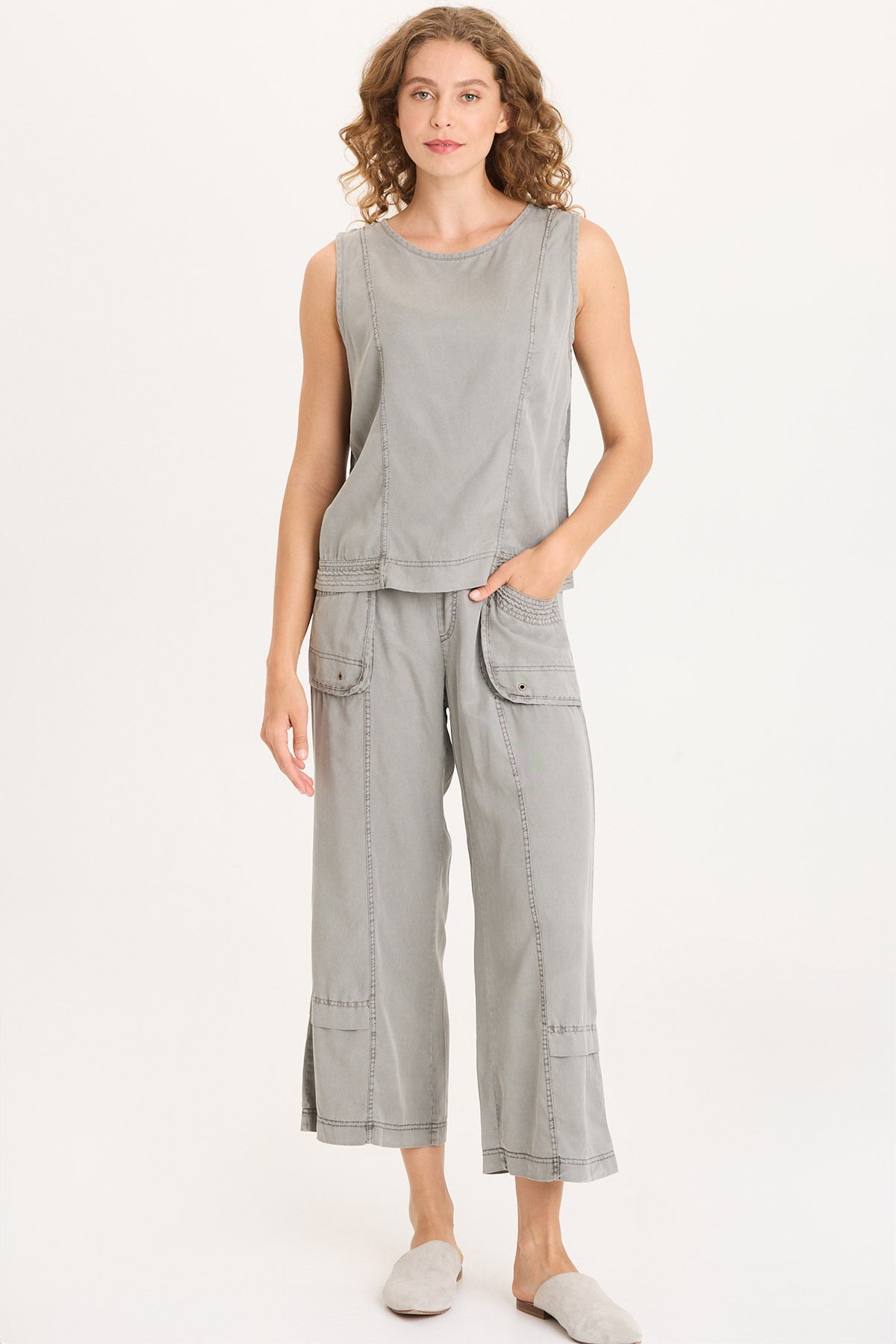 Davies Stitched Hem Twill/Jersey Tank