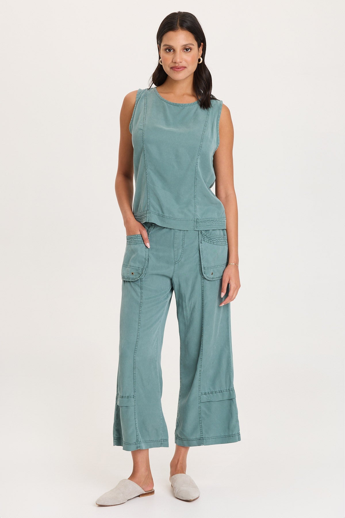 Davies Stitched Hem Twill/Jersey Tank